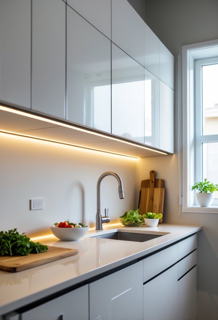 Small modern kitchen with under-cabinet LED lighting illuminating the countertop and kitchen essentials.