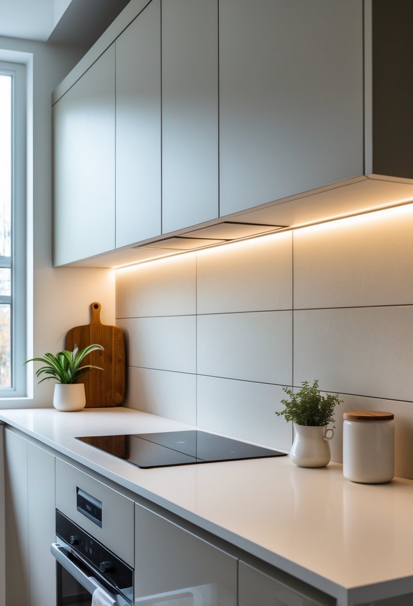 A small kitchen with a clean countertop and a large tile backsplash behind it.