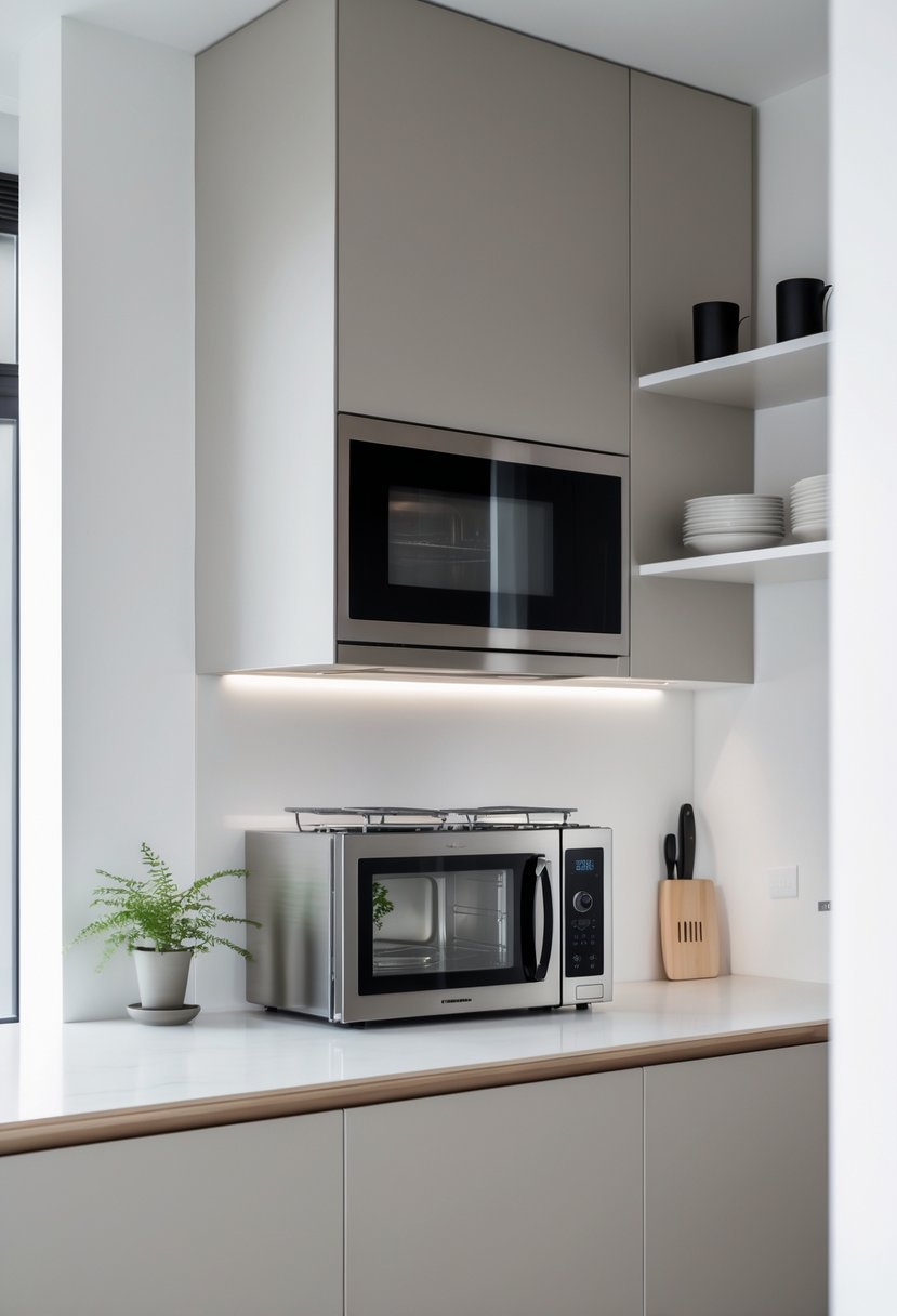 A small modern kitchen with a built-in combination microwave and oven unit integrated into the cabinetry.