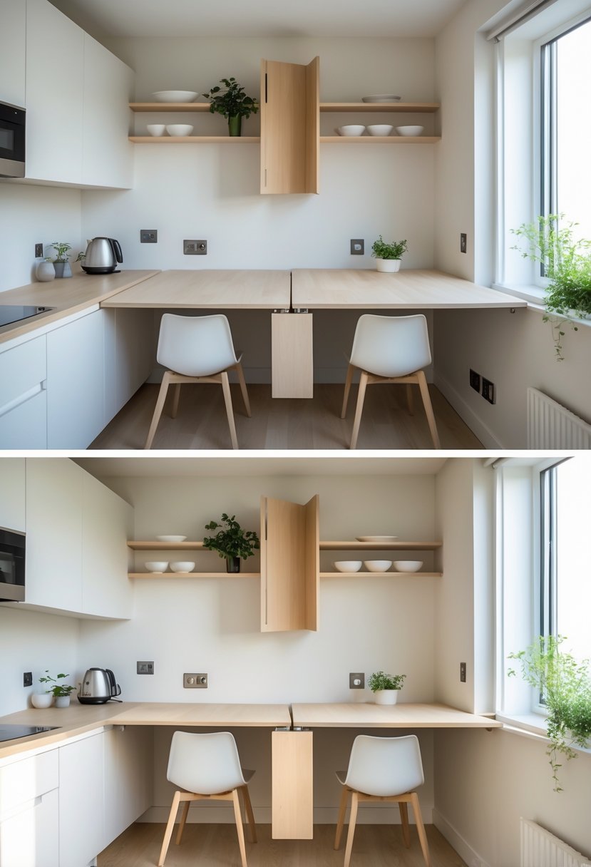 Small modern kitchen with a fold-down table mounted on the wall, shown both folded and unfolded for flexible dining.