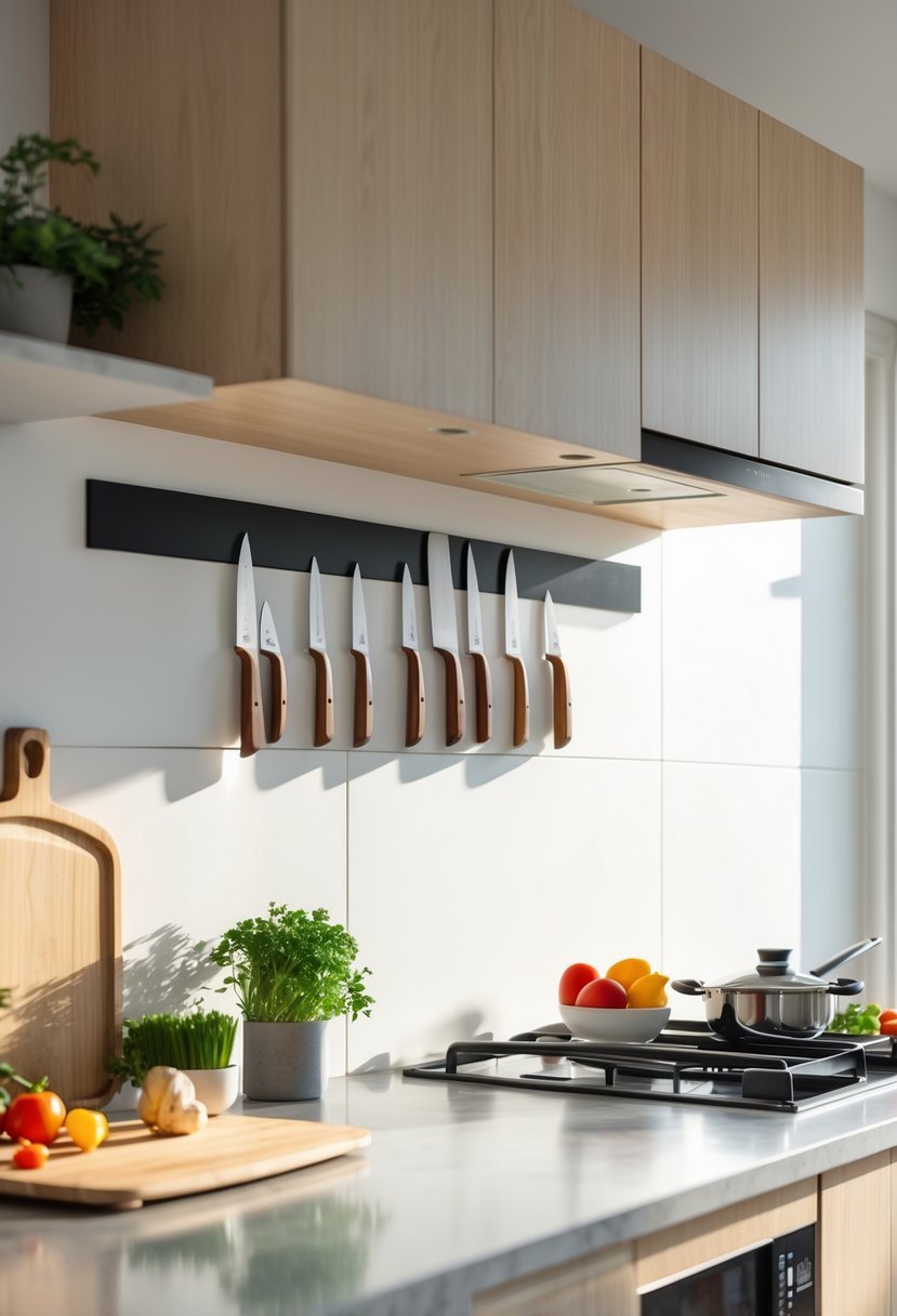 A small modern kitchen with a magnetic knife strip holding knives above a clean countertop with kitchen items.