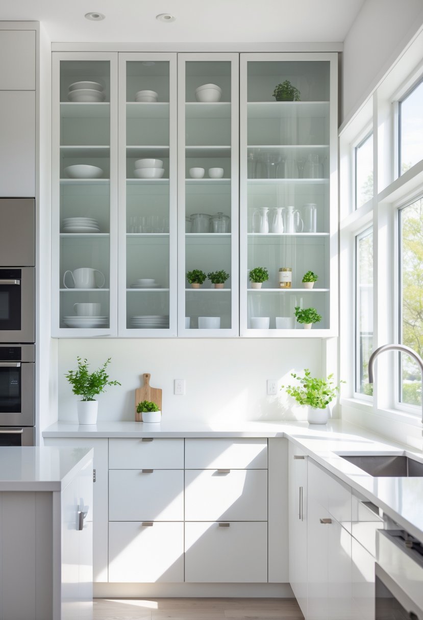 A small modern kitchen with glass-front cabinets, white countertops, and natural light coming through large windows.