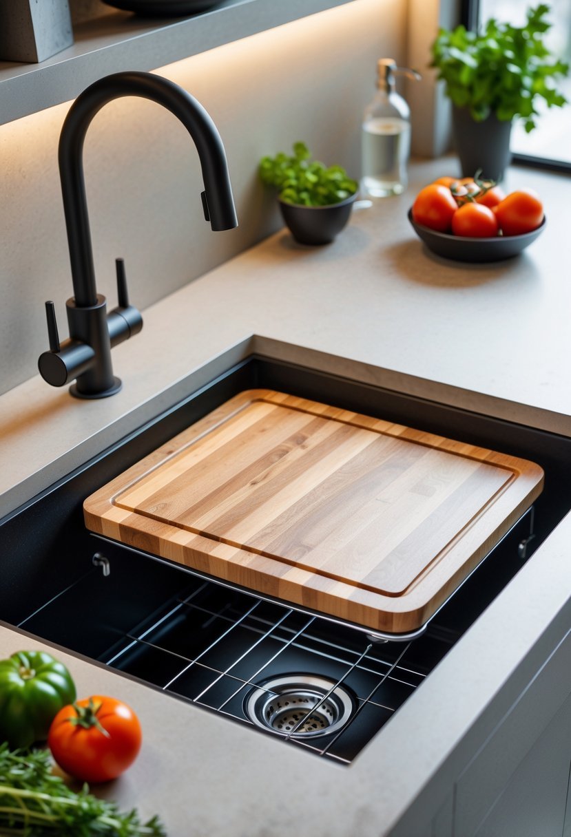 Compact kitchen sink with an integrated cutting board cover on a modern countertop in a small kitchen.