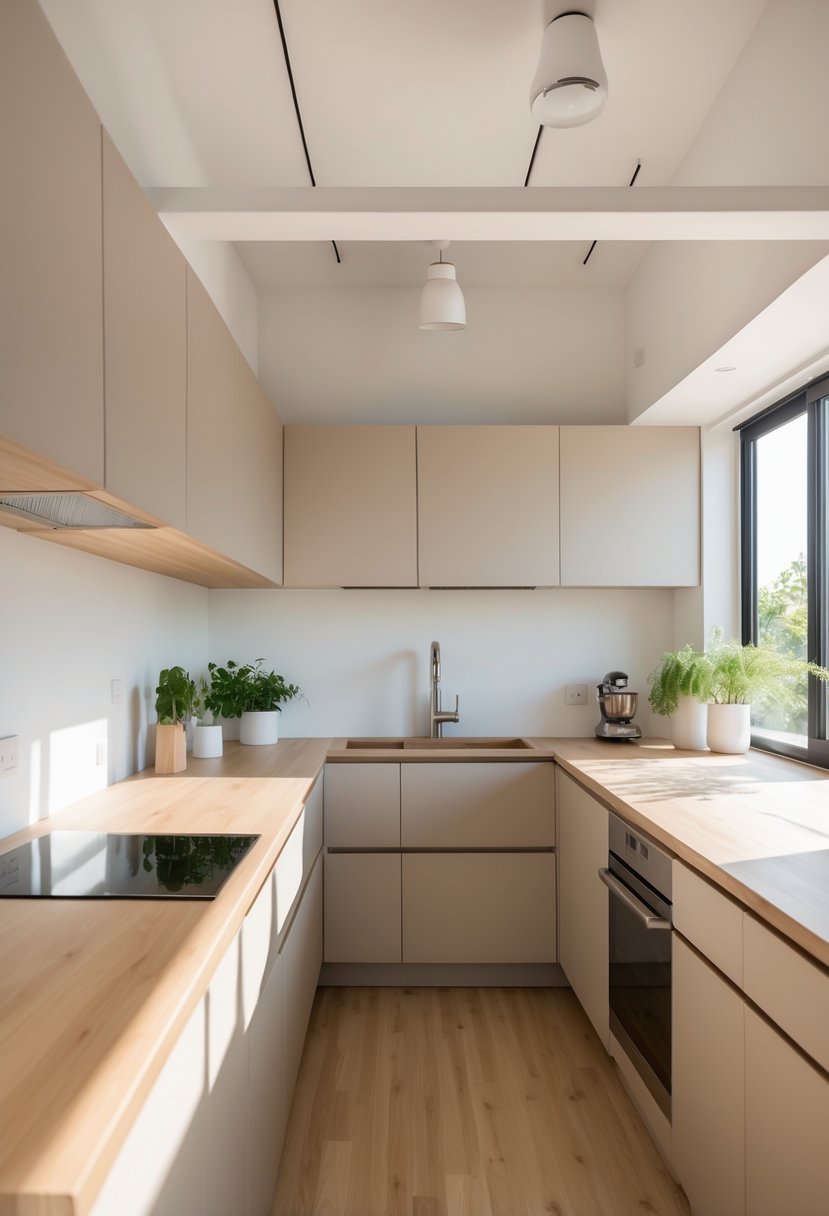 A small kitchen with bamboo countertops, modern cabinets, and plants on the counter.