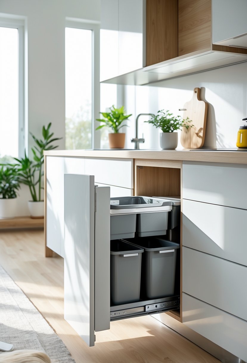 A small modern kitchen with cabinetry open to show hidden pull-out trash bins inside.