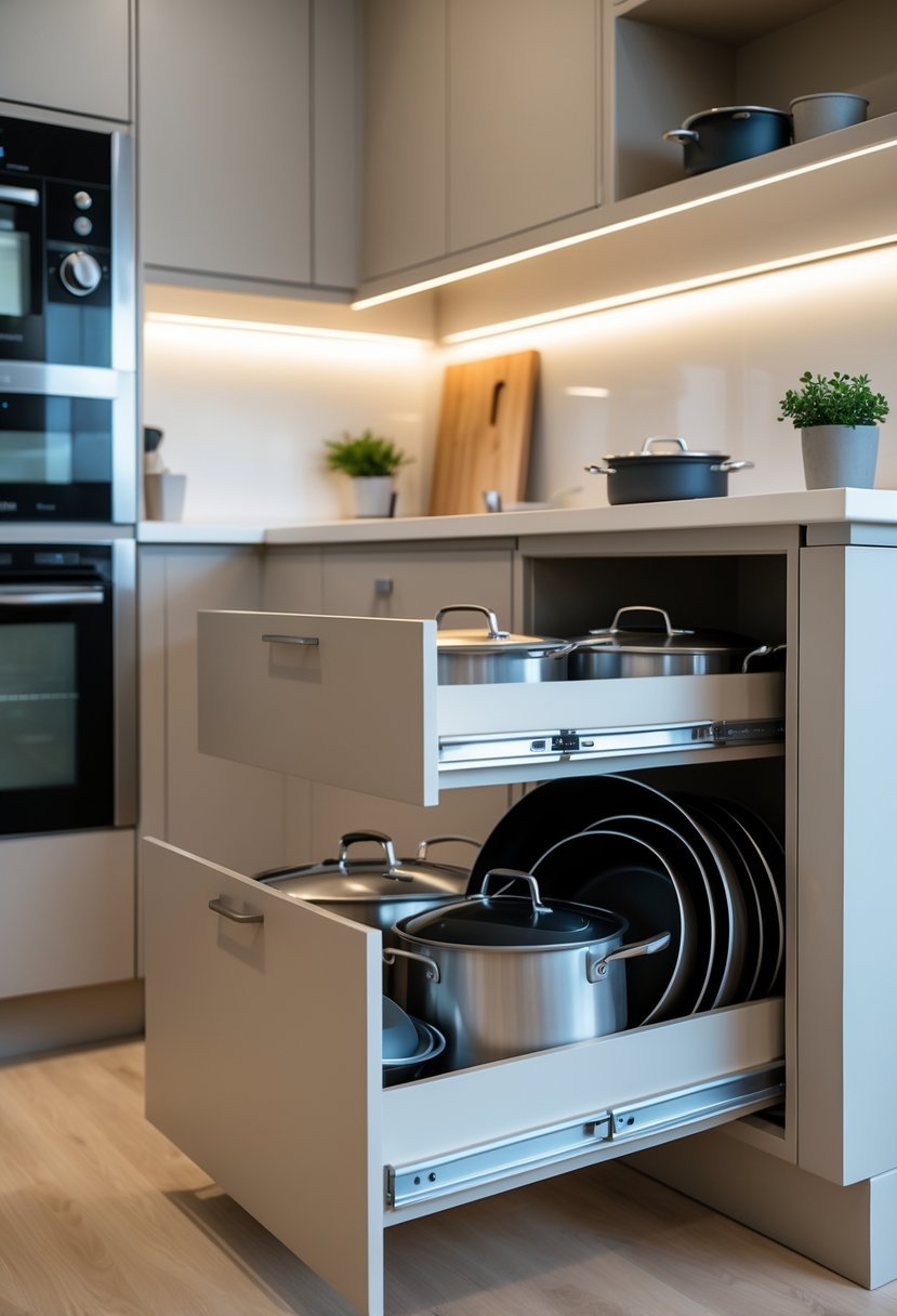 Open multi-tiered pull-out drawers filled with pots and pans in a small modern kitchen.