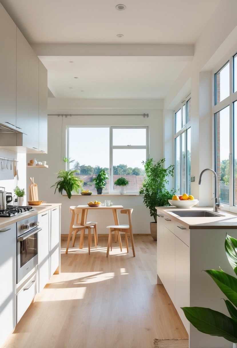 A small kitchen with large windows letting in natural light, featuring a compact island, modern appliances, and a connected dining area.