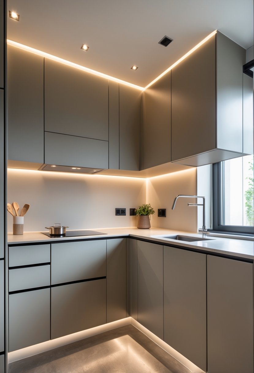 A small modern kitchen with matte finish cabinets, clean countertops, and integrated appliances.