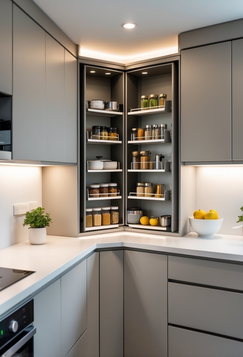A small modern kitchen corner with an open carousel unit showing organized shelves and kitchen items.
