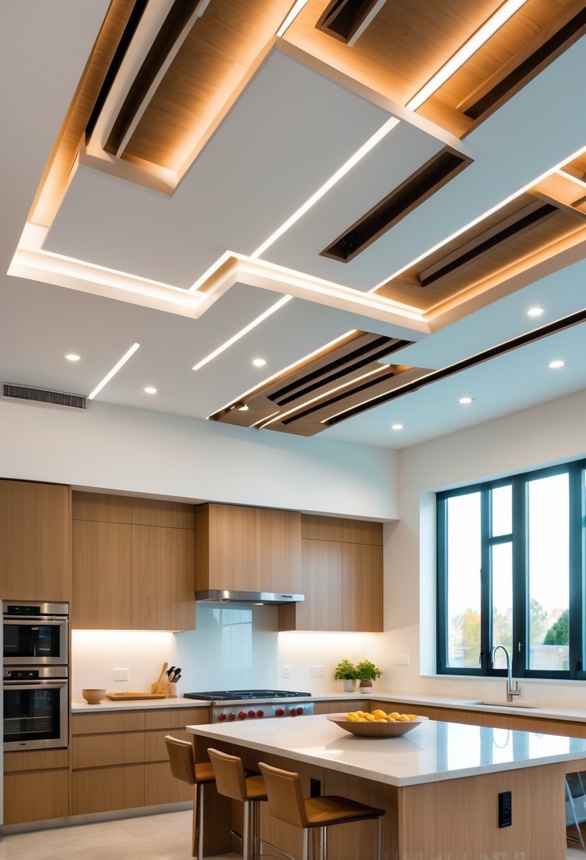 A modern kitchen with a stylish ceiling featuring recessed lighting and wooden beams above a kitchen island and cabinets.