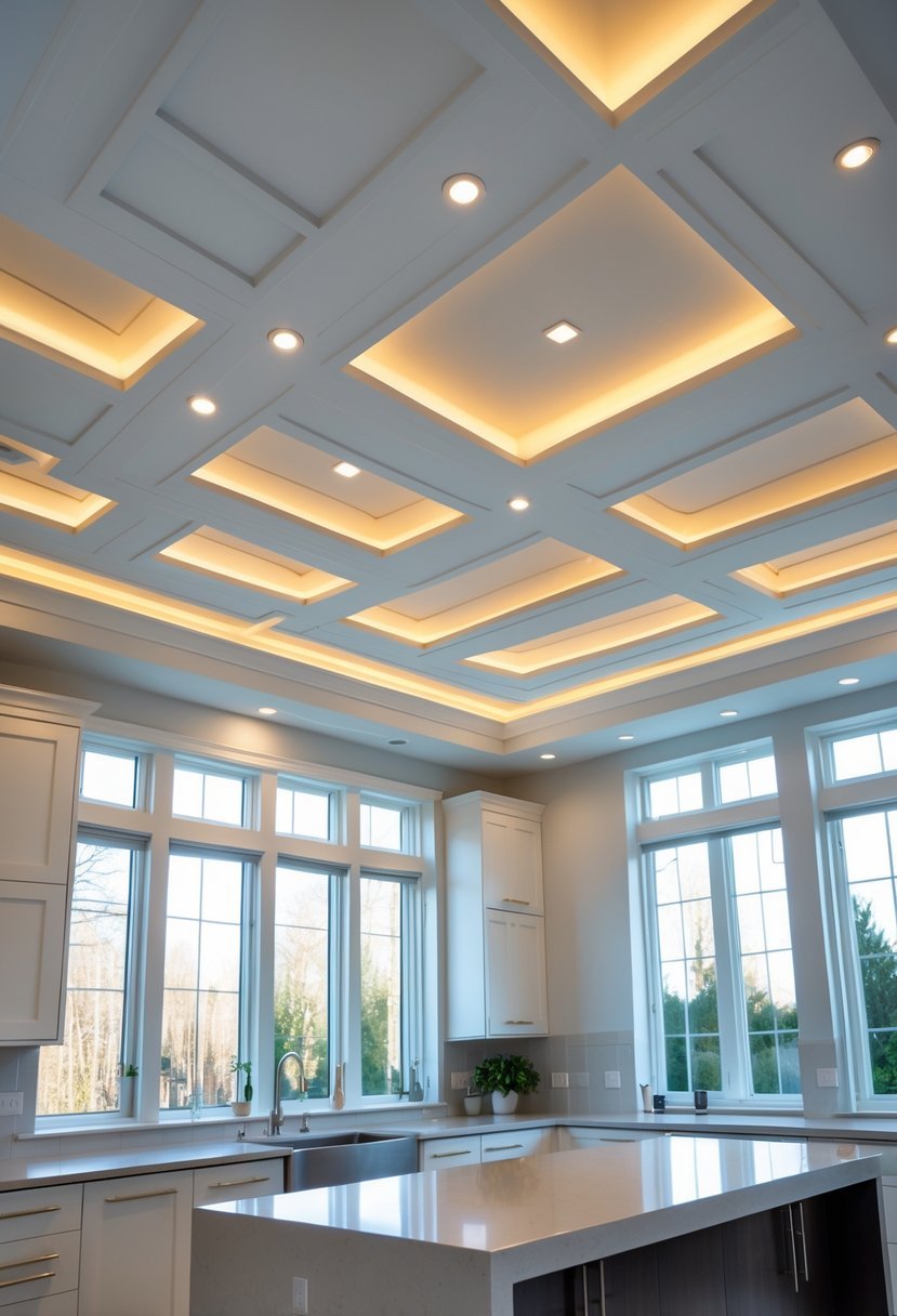 Modern kitchen with a coffered ceiling and recessed lighting above a kitchen island.