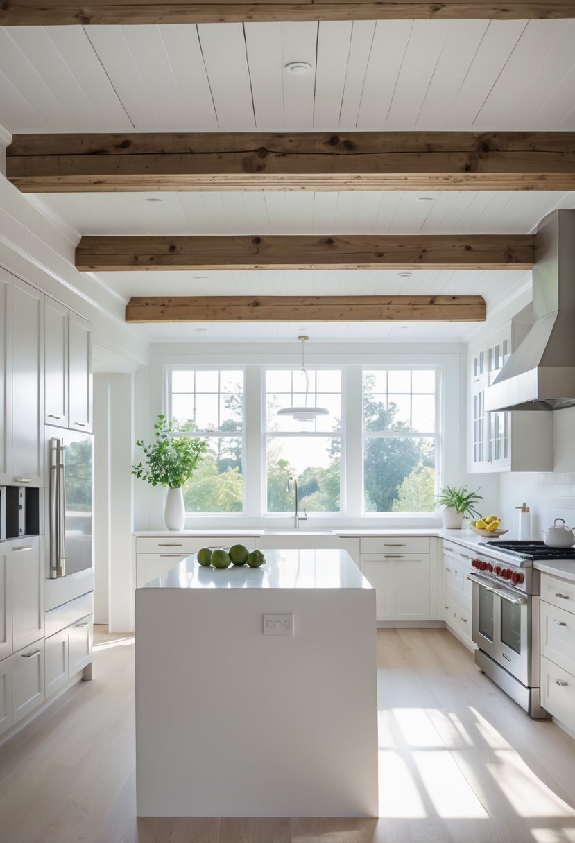 A bright kitchen with white painted exposed wooden beams on the ceiling and modern kitchen furnishings below.