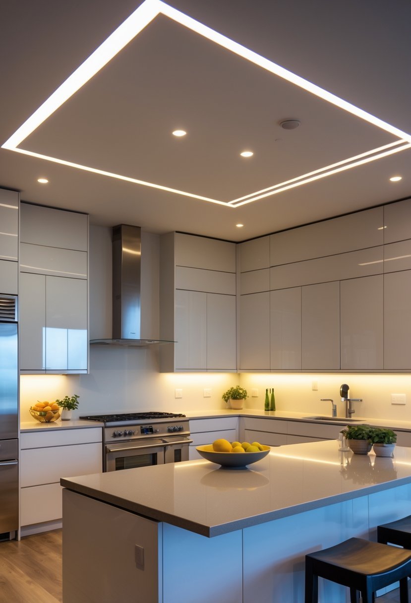 A modern kitchen with integrated LED strip lighting in the ceiling, a large island, and contemporary appliances.