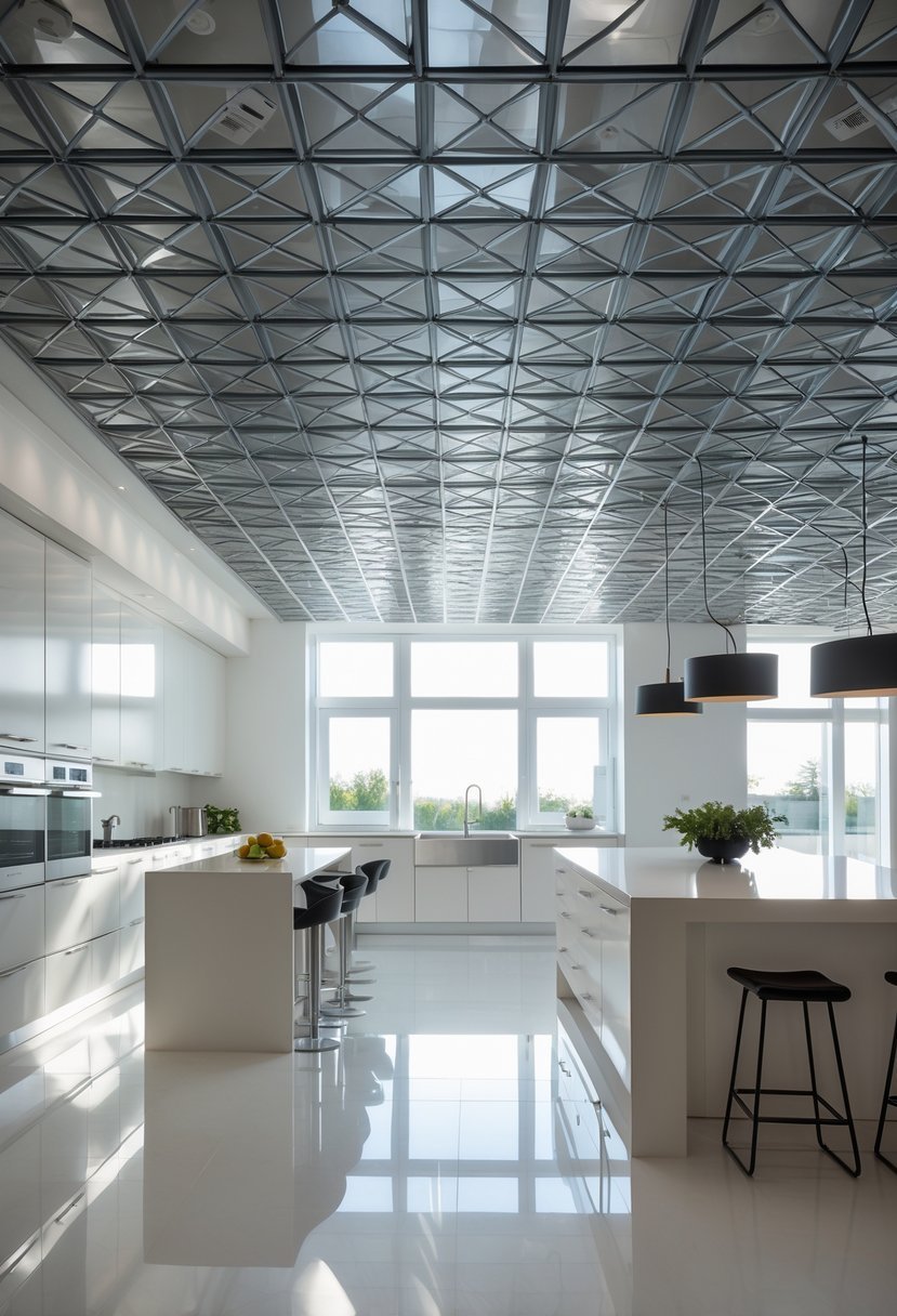 Modern kitchen interior with a metal grid ceiling featuring geometric patterns, bright lighting, and contemporary furnishings.