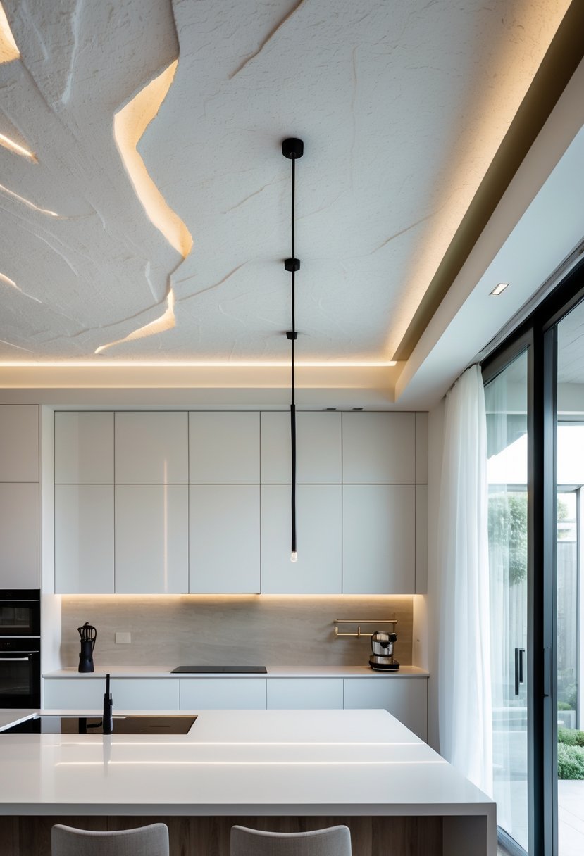 A bright modern kitchen with a textured plaster ceiling, sleek cabinets, and pendant lights.
