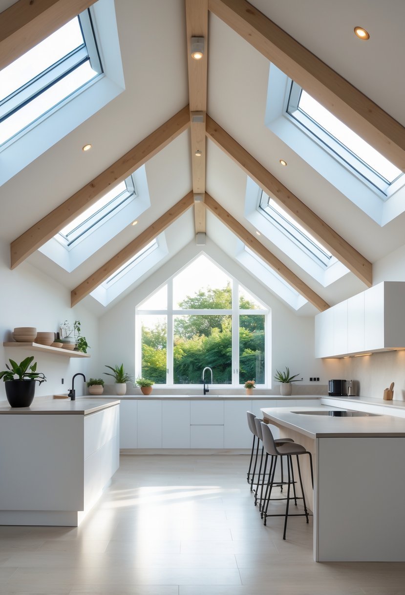 A bright modern kitchen with vaulted ceilings and large skylights letting in natural light.