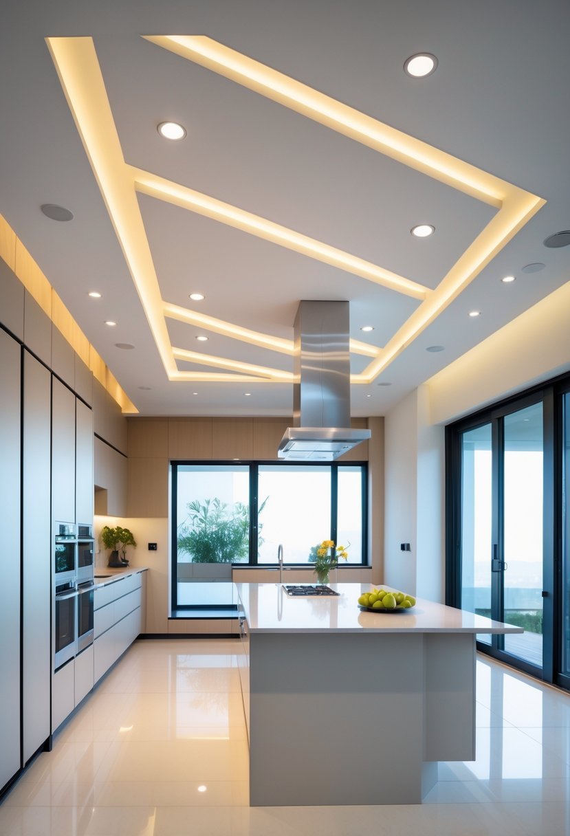 A modern kitchen with floating ceiling panels above a kitchen island and built-in lighting.