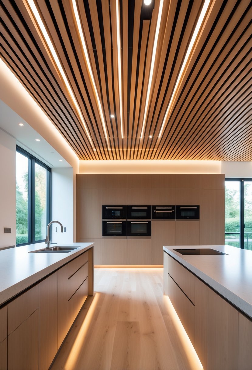 Modern kitchen interior with wooden slat ceiling and hidden lights illuminating the space.