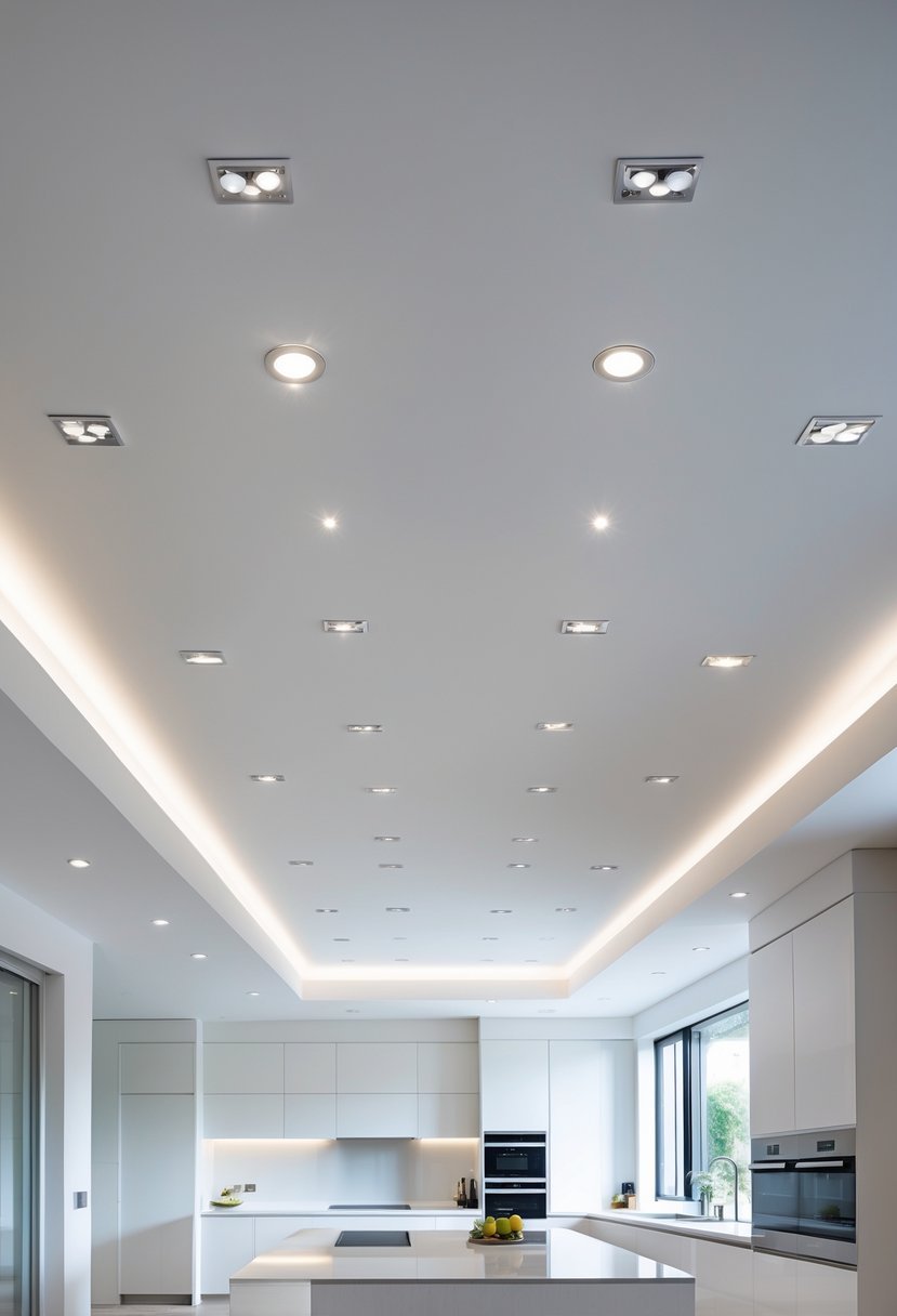 A modern kitchen with a flat white ceiling featuring multiple recessed spotlights illuminating the space.