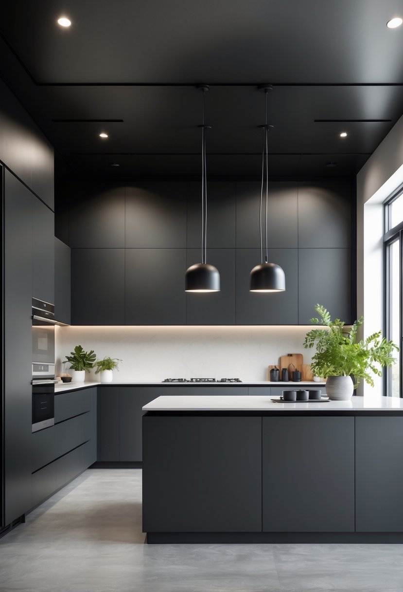 A modern kitchen interior with black matte painted ceilings, a large island, pendant lights, and natural light illuminating the space.
