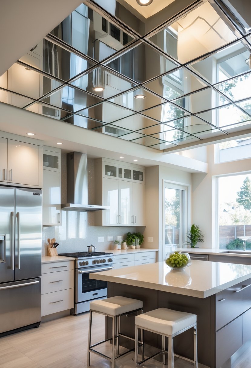 A modern kitchen with a mirrored ceiling, bright lighting, an island countertop, and stainless steel appliances.