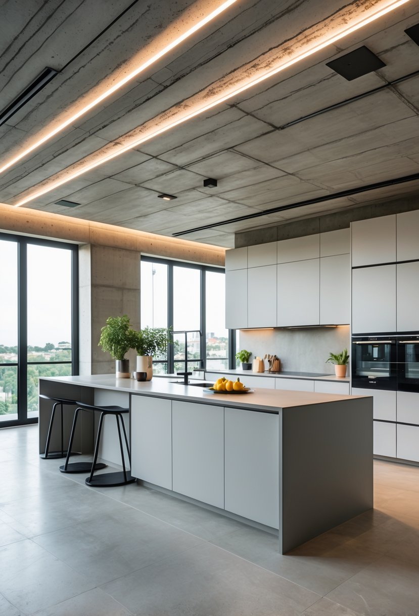 A modern kitchen interior with an exposed concrete ceiling, a kitchen island, and large windows letting in natural light.