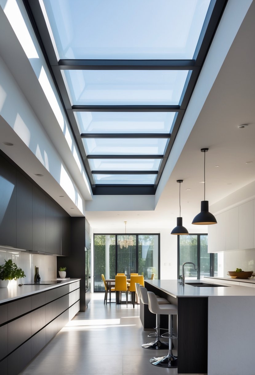 A modern kitchen with glass ceiling panels letting in natural light over a spacious island and sleek cabinetry.