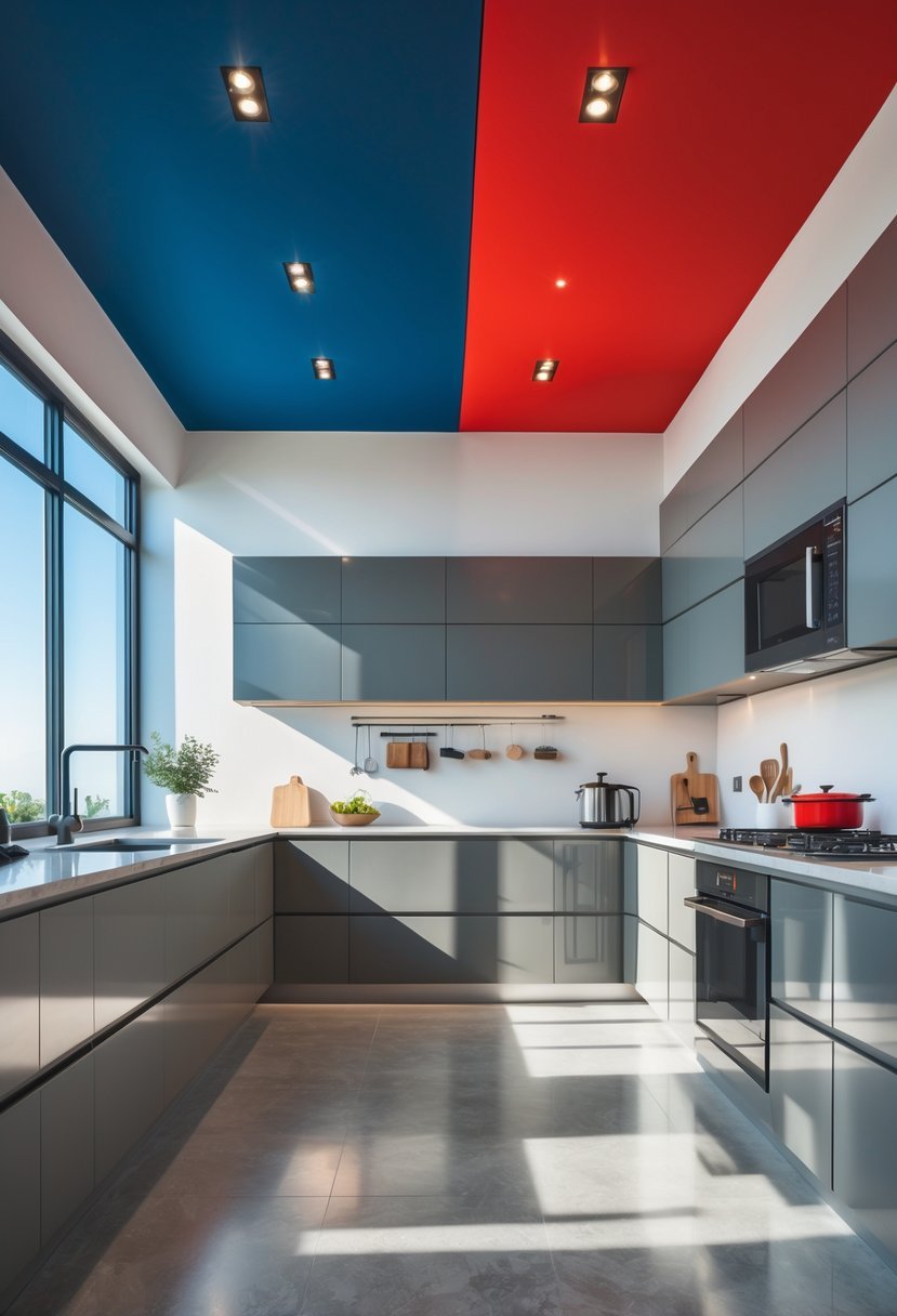 A modern kitchen with sleek cabinets and a vibrant colored ceiling accent.
