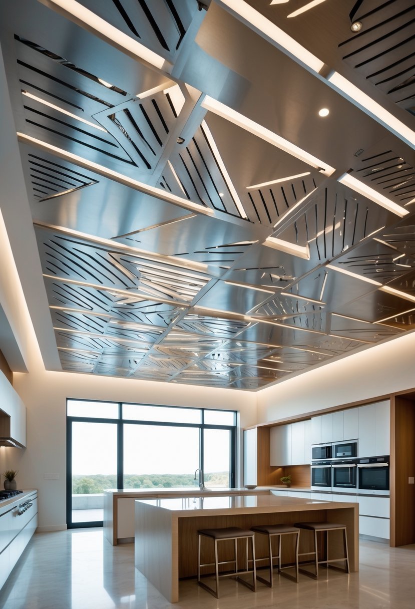 A modern kitchen with a ceiling made of laser-cut metal panels featuring geometric patterns, illuminated by soft lighting, with a spacious kitchen island and large windows.
