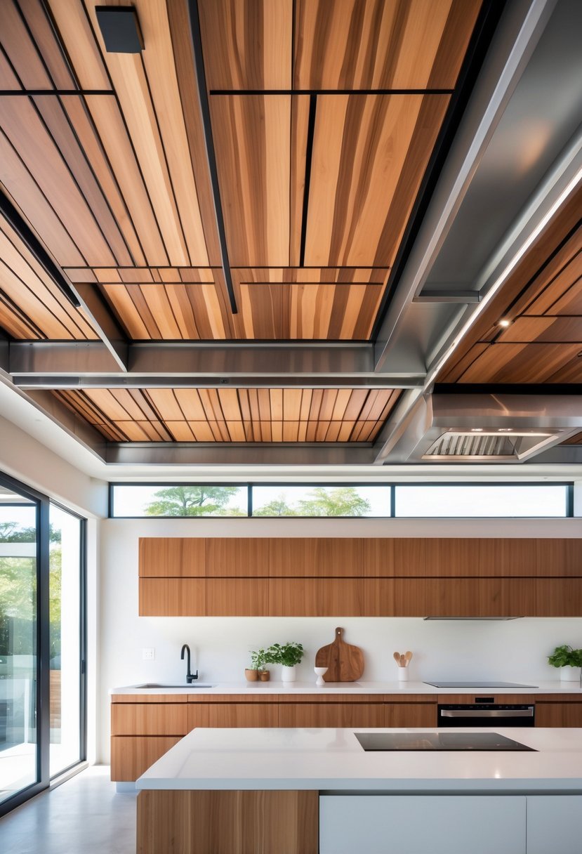 A bright modern kitchen with a ceiling featuring wood panels and metal beams.