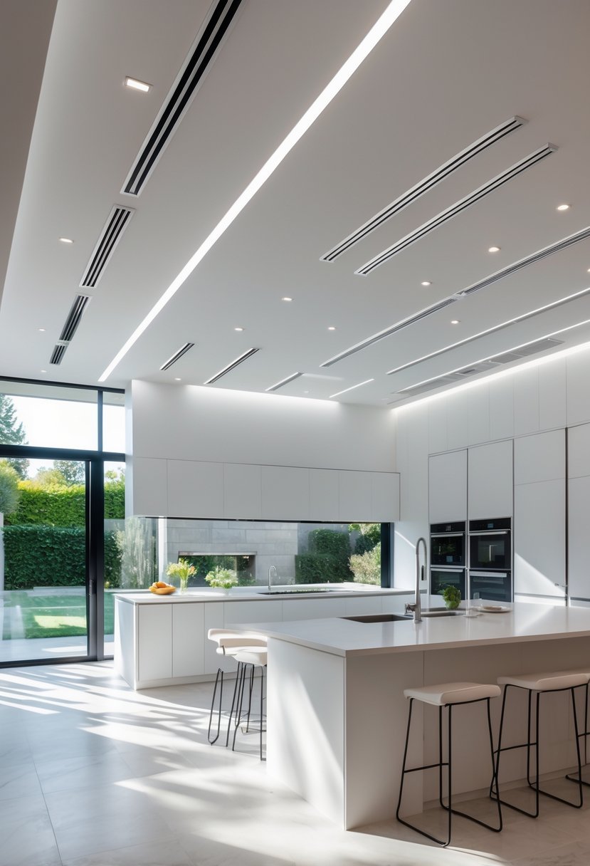 A modern kitchen with a smooth white ceiling featuring hidden ventilation vents, a large island, and contemporary appliances.