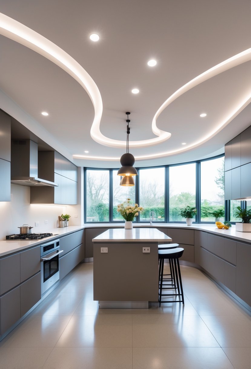 A modern kitchen with a curved ceiling, central island, and large windows letting in natural light.