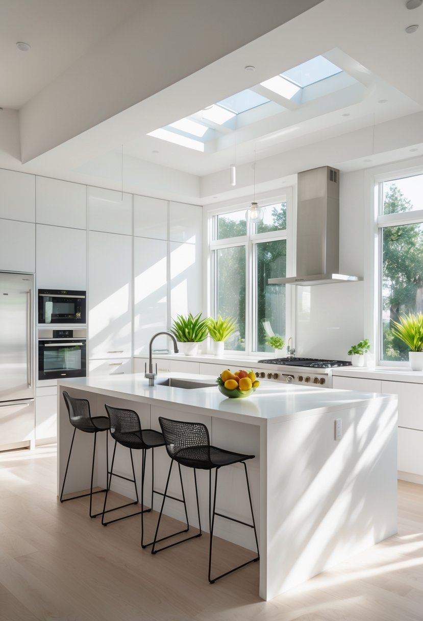 A bright kitchen with white cabinets, a large island, stainless steel appliances, and natural light coming through windows.