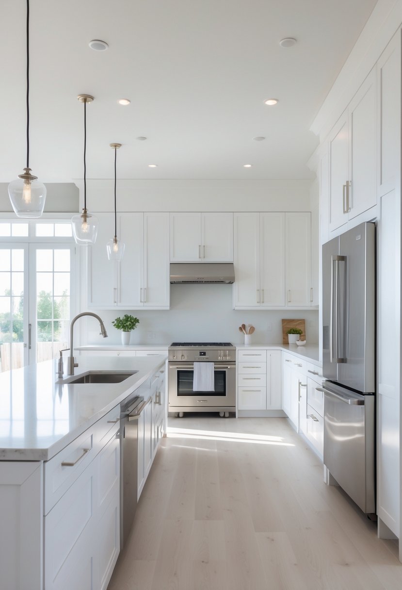 A bright kitchen with white cabinets and stainless steel appliances, including a refrigerator and oven.