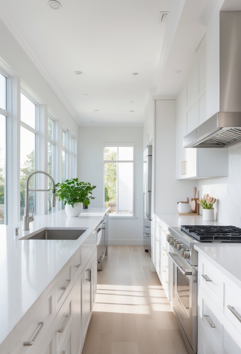 A bright kitchen with white quartz countertops and matte white cabinets, featuring a sink, oven, and decorative plants.