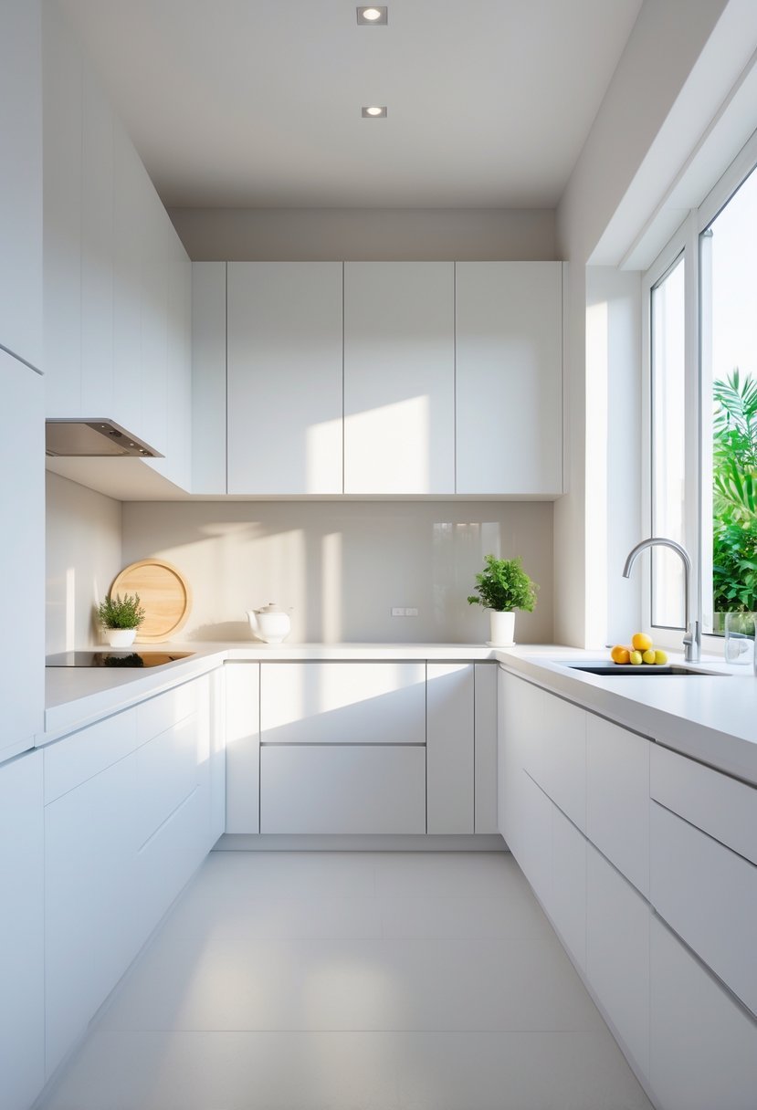 A bright kitchen with white handleless cabinets, a clean countertop, and natural light coming through large windows.