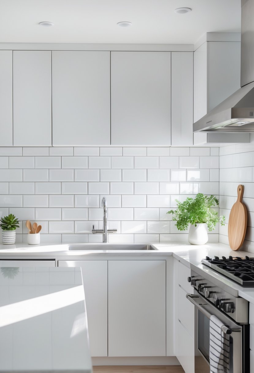A bright kitchen with white subway tile backsplash, white cabinets, and stainless steel appliances.