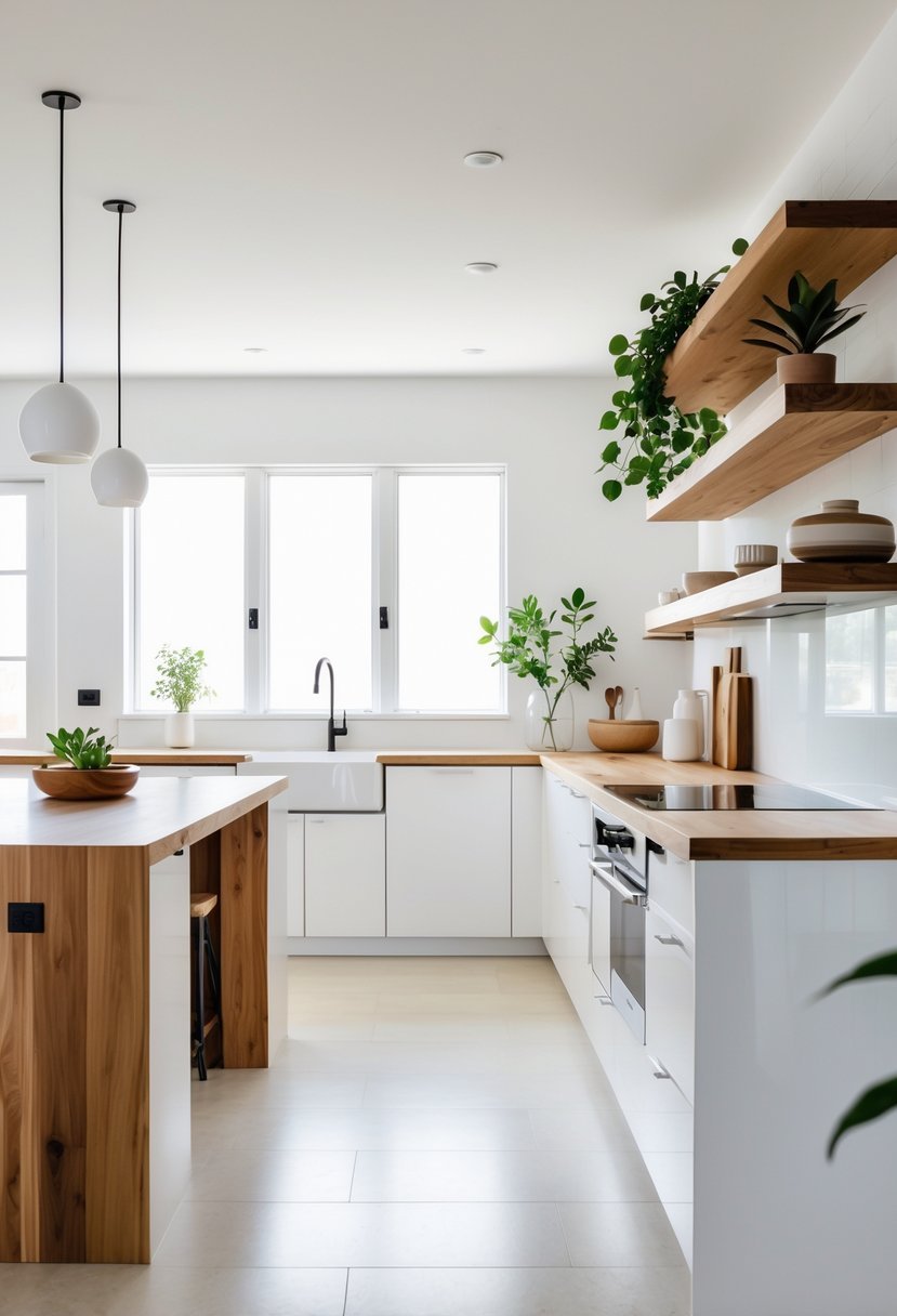 Bright modern kitchen with white cabinets and wooden countertops and shelves, illuminated by natural light.