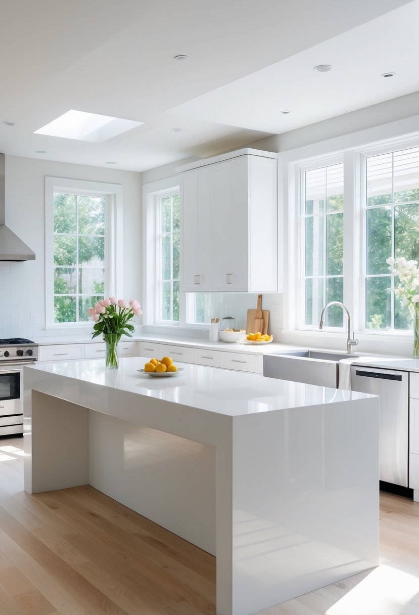 A bright kitchen with a white island featuring a waterfall countertop and surrounding cabinets.