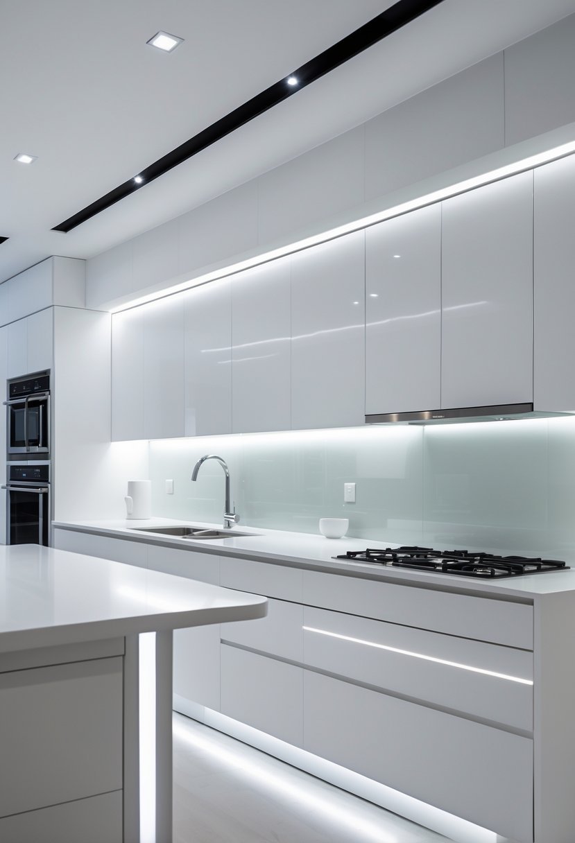 A bright white kitchen with cabinets and LED lights installed underneath them illuminating the countertop.