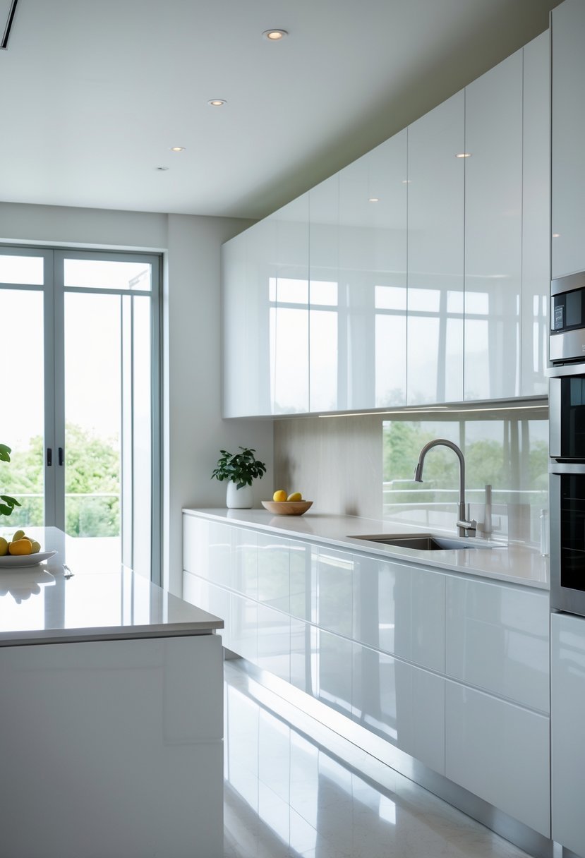 A bright kitchen with glossy white cabinets, a countertop with a bowl of fruit, and stainless steel appliances.