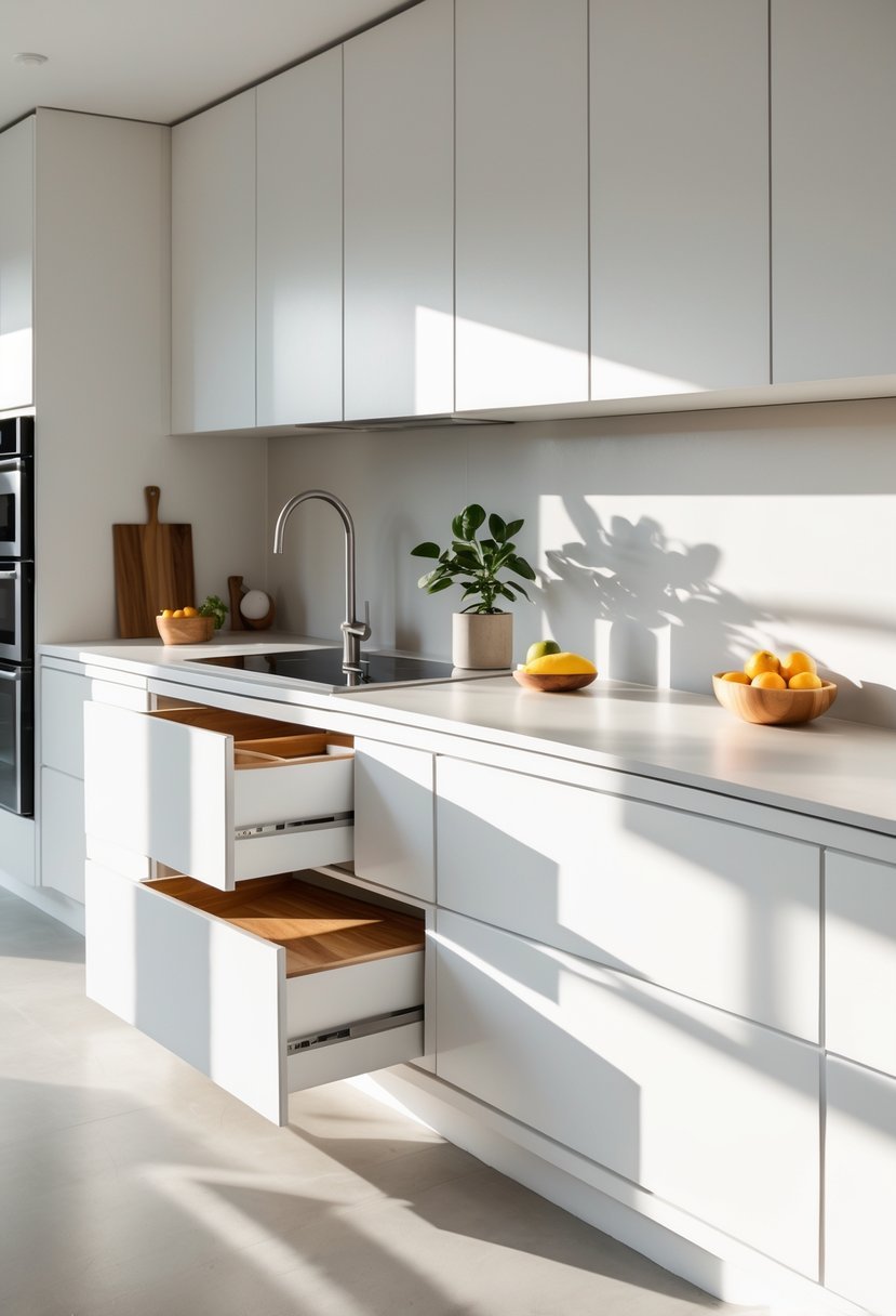 A bright kitchen with white drawers and cabinets, a countertop with a cutting board, plant, and fruit bowl.