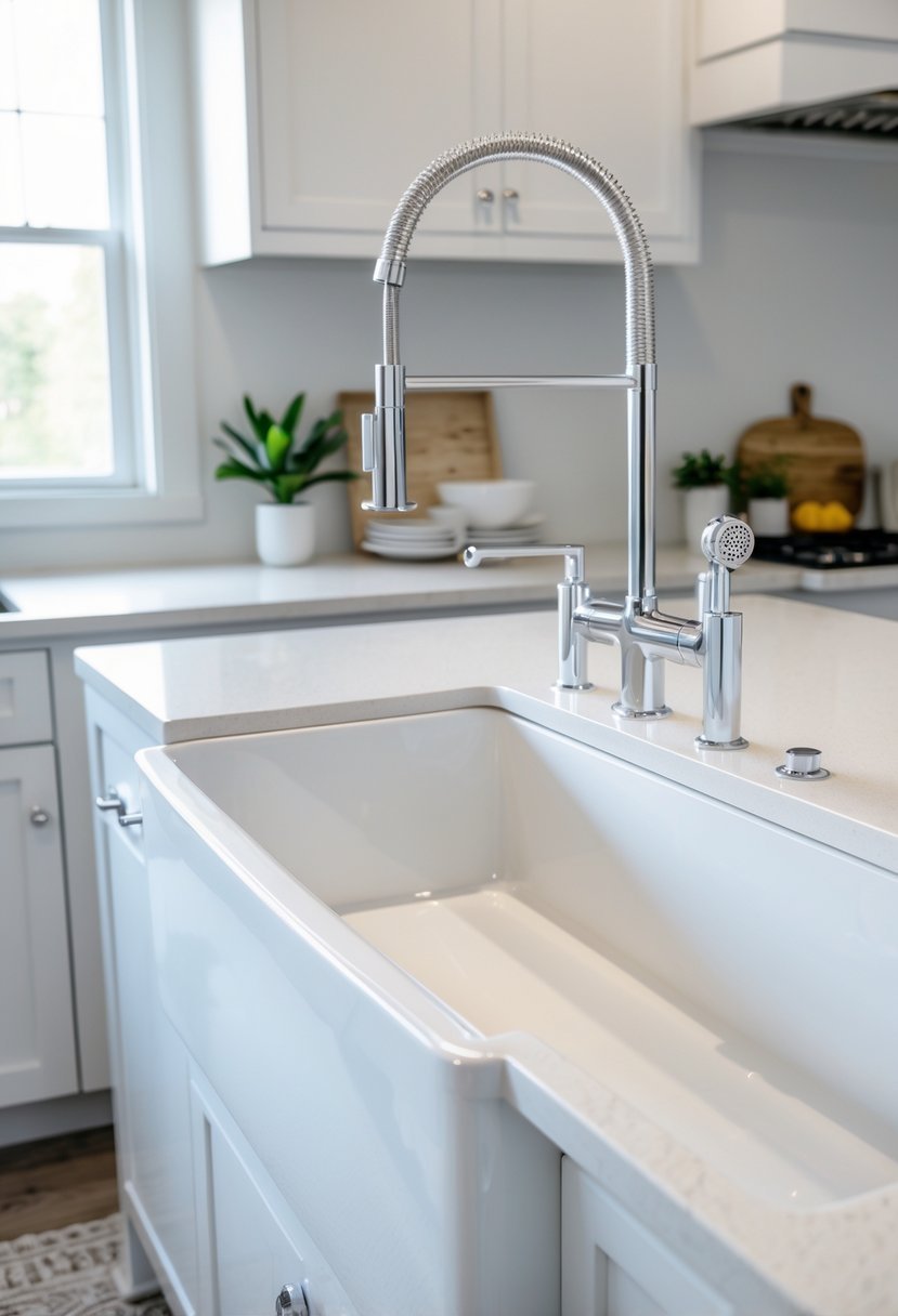 A white farmhouse sink with chrome fixtures in a modern kitchen setting.