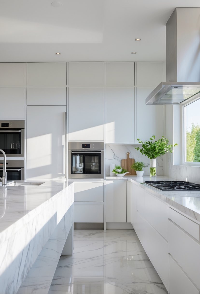 Bright kitchen with white marble countertops and white cabinets, featuring a kitchen island and modern appliances.