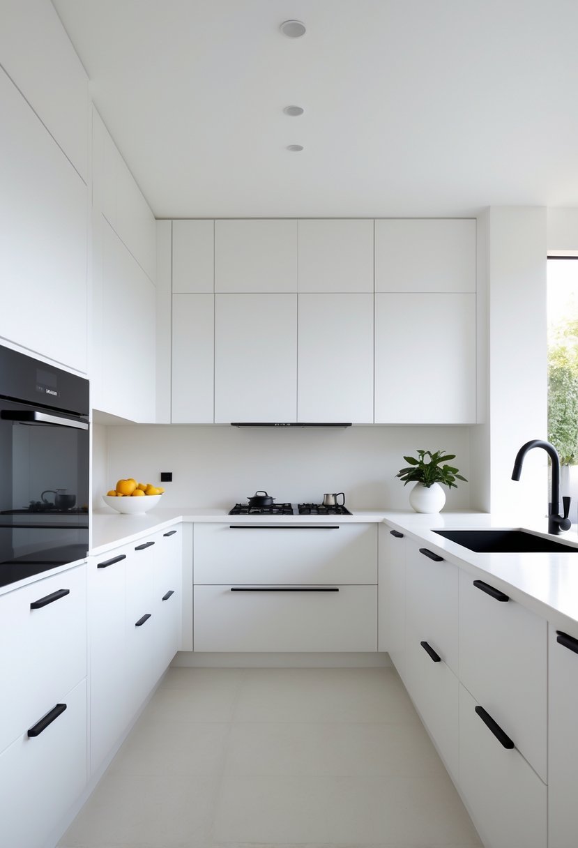 A bright kitchen with white cabinets and black handles, featuring a clean countertop and modern fixtures.