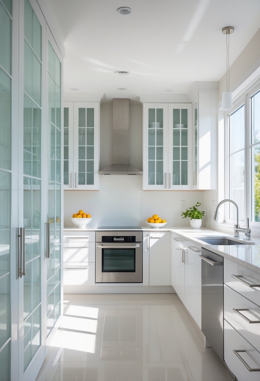 A bright kitchen with white glass cabinet doors, a kitchen island, and stainless steel appliances.