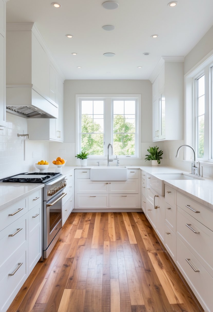 A bright kitchen with warm wooden flooring and white cabinets and countertops.