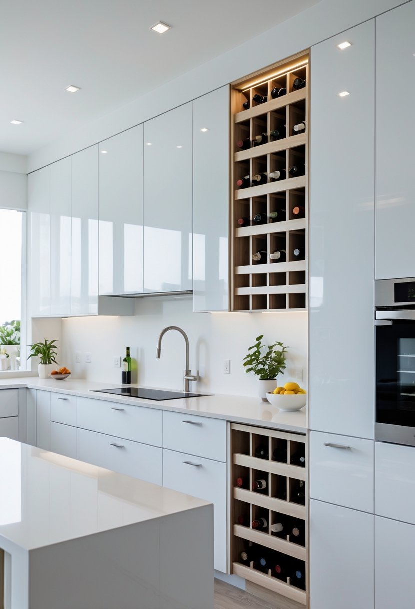 A bright kitchen with white cabinets and a built-in wine rack holding wine bottles.