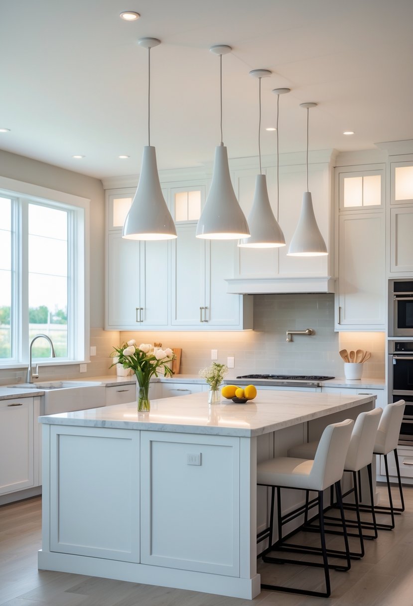 A bright kitchen with white pendant lights hanging over a central island.