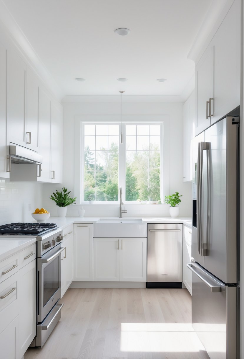 A bright kitchen with white appliances and cabinetry, featuring a refrigerator, stove, oven, and dishwasher, with natural light coming through windows.
